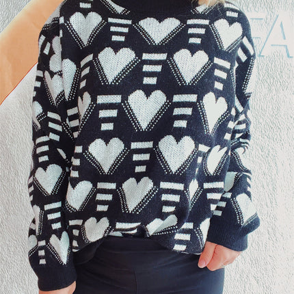 Heart Contrast Long Sleeve Dropped Shoulder Sweater