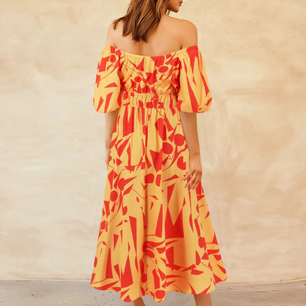 Printed Off-Shoulder Balloon Sleeve Dress