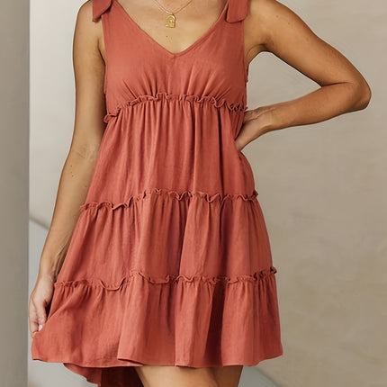 Full Size Frill V-Neck Tie Shoulder Mini Dress