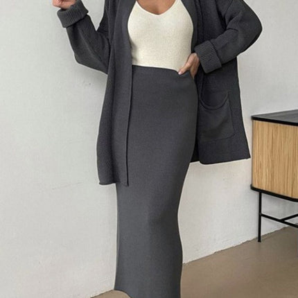 Pocketed Long Sleeve Cardigan and Skirt Sweater Set