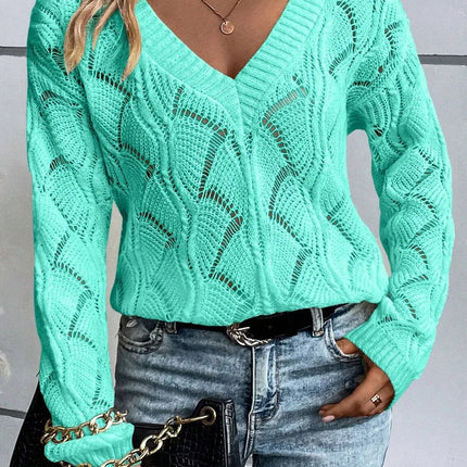 Openwork V-Neck Long Sleeve Sweater