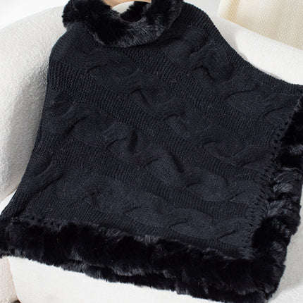 Fuzzy Hem Cable-Knit Poncho