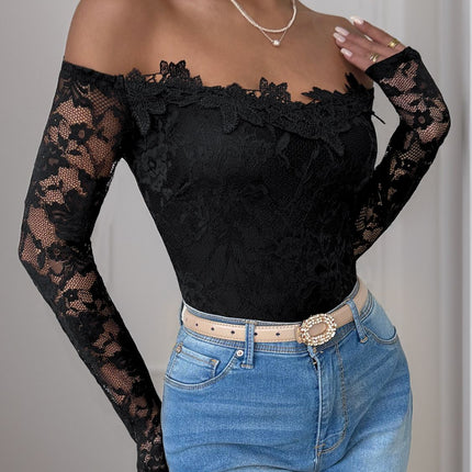 Perfee Lace Off-Shoulder Long Sleeve Bodysuit