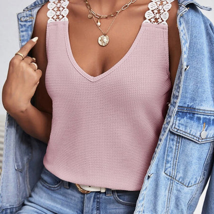 Lace Detail Waffle-Knit V-Neck Tank