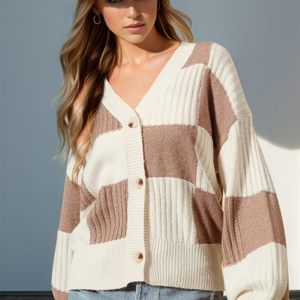 Double Take Full Size Checkered Dropped Shoulder Cardigan - Vickie Lynn's