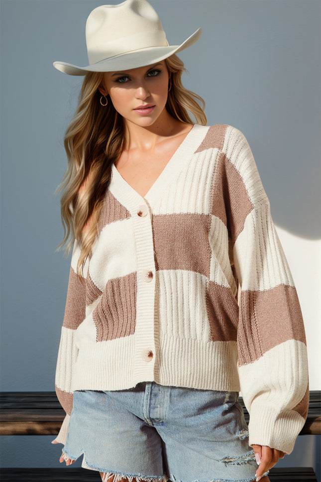 Double Take Full Size Checkered Dropped Shoulder Cardigan - Vickie Lynn's