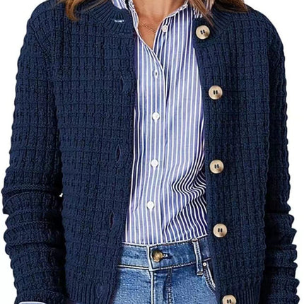 Button Up Round Neck Long Sleeve Cardigan