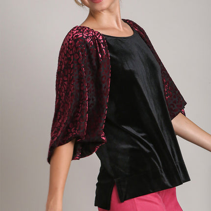 Umgee Round Neck Leopard Balloon Sleeve Velvet Top