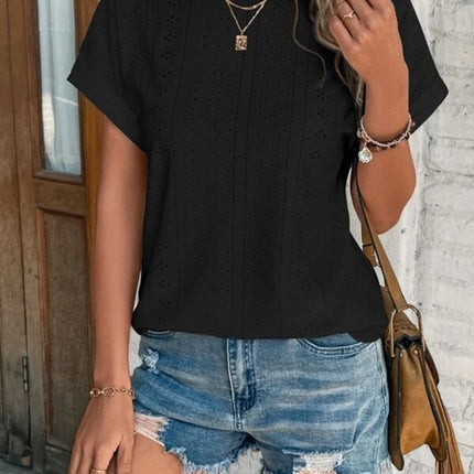 Eyelet Round Neck Short Sleeve T-Shirt