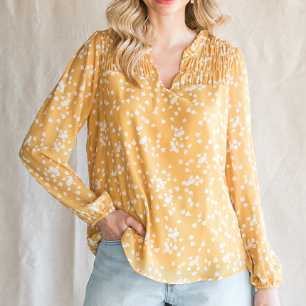 Double Take Printed Notched Neck Smocked Blouse