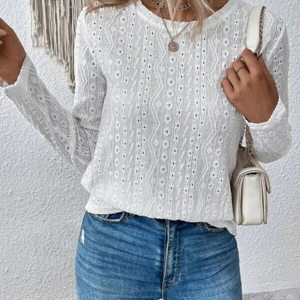 Eyelet Round Neck Long Sleeve Blouse