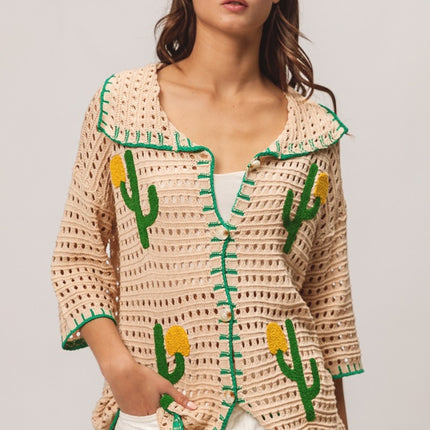 BiBi Edge Stitched Cactus Patch Sweater Cardigan