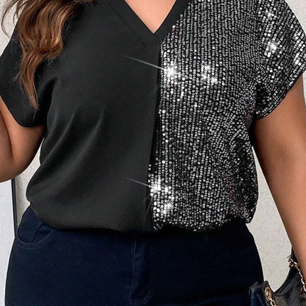 Plus Size Sequin Notched Short Sleeve T-Shirt