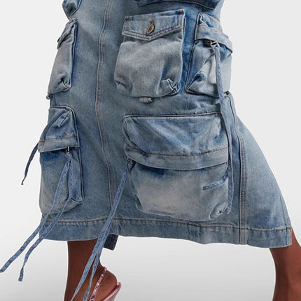 Slit Midi Denim Skirt with Pockets