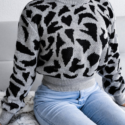 Leopard Round Neck Dropped Shoulder Sweater