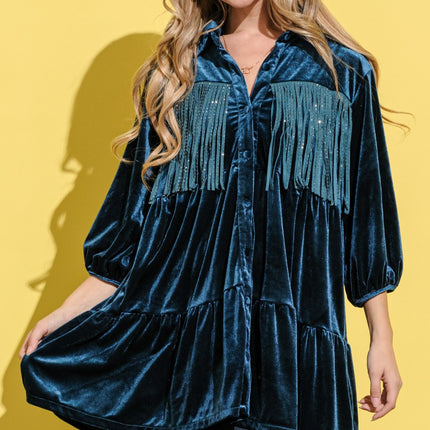 And The Why Fringe Detailed Velvet Shirt Dress