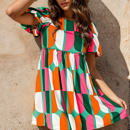 Color Block Round Neck Short Sleeve Dress