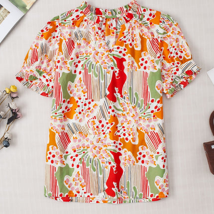 Printed Notched Short Sleeve Blouse