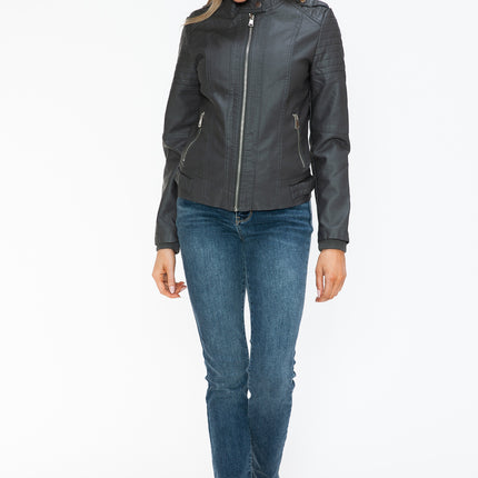 Snobbish PU Leather Biker Jacket with Side Zip Pockets