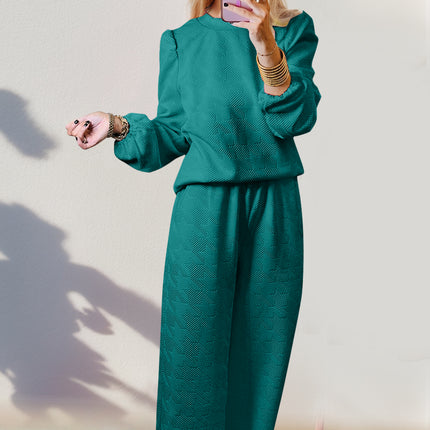Double Take Texture Long Sleeve Top and Wide Leg Pants Set - Vickie Lynn's