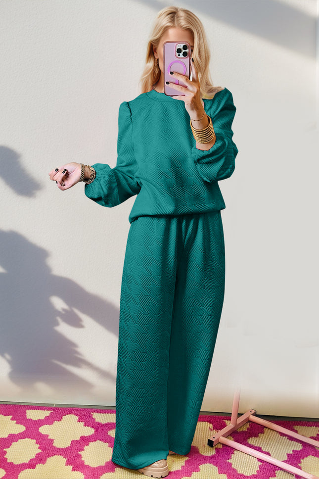 Double Take Texture Long Sleeve Top and Wide Leg Pants Set - Vickie Lynn's