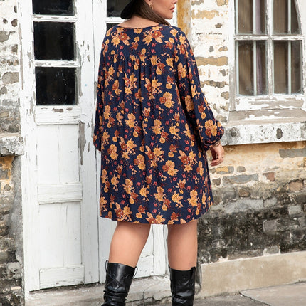 Plus Size Floral V-Neck Balloon Sleeve Dress