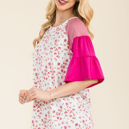 Celeste Full Size Floral Contrast Bell Sleeve Top