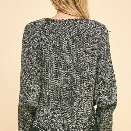 Davi & Dani Fringe Hem Overlapping Asymmetrical Crop Sweater