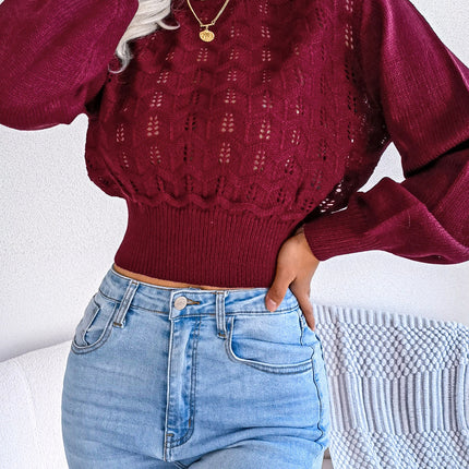 Openwork Mock Neck Long Sleeve Cropped Sweater