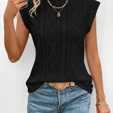 Openwork Round Neck Cap Sleeve Top