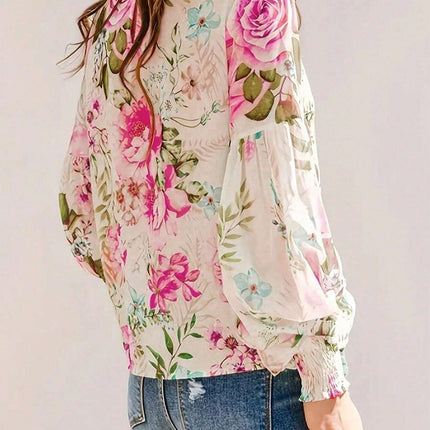 Printed Round Neck Lantern Sleeve Blouse