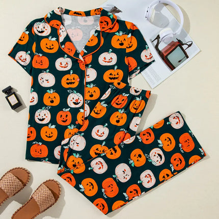 Pumpkin Printed Short Sleeve Top and Pants Lounge Set