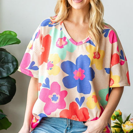 HOPELY Full Size Floral V-Neck Side Slit T-Shirt