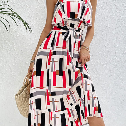 Ruffled Printed Tie Waist Midi Dress