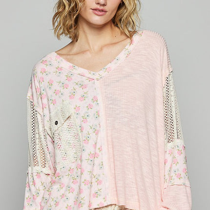 POL Floral Crochet Patch V-Neck Top