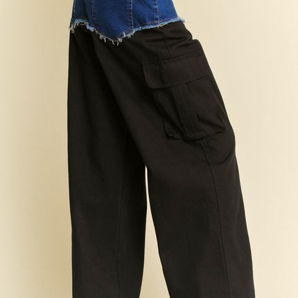 Davi & Dani Denim Patchwork Wide Leg Pants with Cargo Pockets