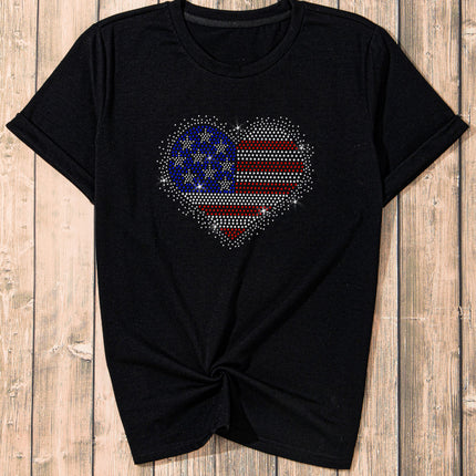 Rhinestone Heart Round Neck Short Sleeve T-Shirt