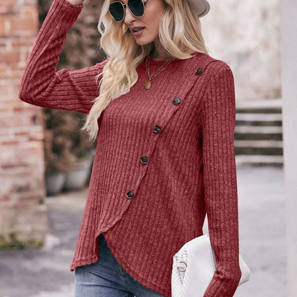 Double Take Ribbed Round Neck Buttoned Long Sleeve Tee