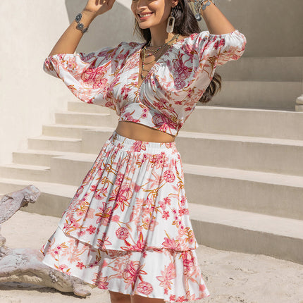 Printed Half Sleeve Top and Layered Skirt Set