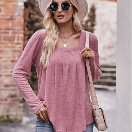 Double Take Pleated Detail Curved Hem Long Sleeve Top