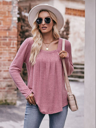 Double Take Pleated Detail Curved Hem Long Sleeve Top