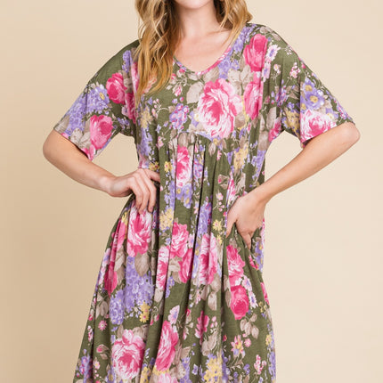 BOMBOM Flower Print V-Neck Ruched Dress