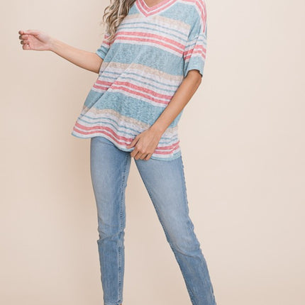 BOMBOM V-Neck Striped Knit Top