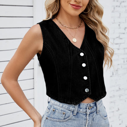 V-Neck Button Down Denim Vest