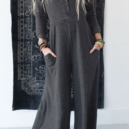 Pocketed Long Sleeve Wide Leg Jumpsuit