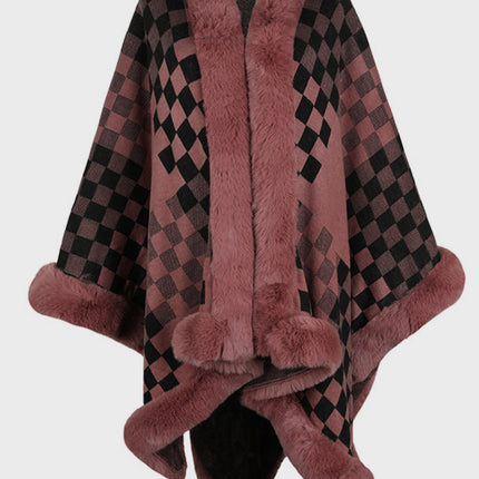 Fuzzy Checkered Long Sleeve Poncho