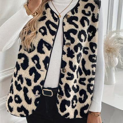 Leopard Button Up Sherpa Vest