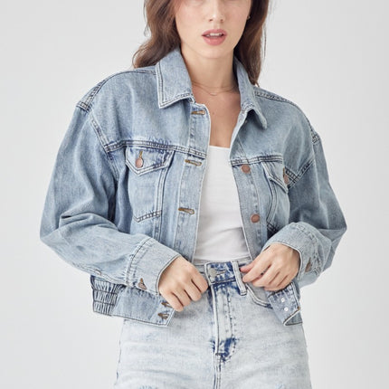 RISEN Full Size Button Down Cropped Denim Jacket