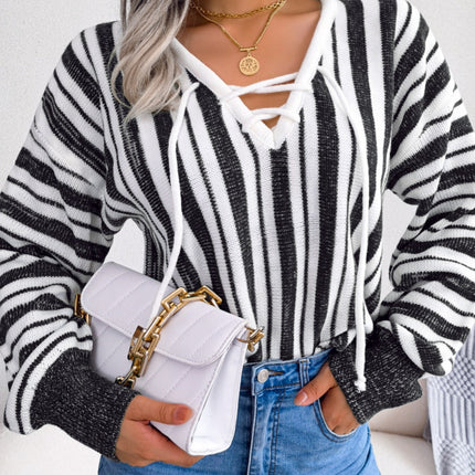 Striped Lace-Up Long Sleeve Sweater