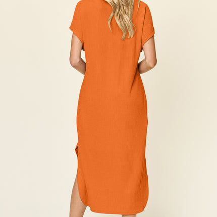 Double Take Full Size Round Neck Short Sleeve Slit Dress